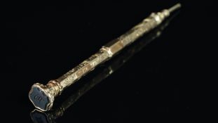 Gold cased propelling pencil, decorative engraving, inscribed 'John Hickson', monogrammed bloodstone