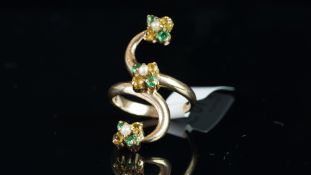 Fancy triple cluster ring, mounted in hallmarked 9ct yellow gold, each cluster set with one pearl,