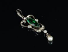 Paste and pearl set pendant, mounted in white metal stamped 935, set with a marquise shaped green