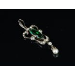Paste and pearl set pendant, mounted in white metal stamped 935, set with a marquise shaped green