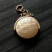 Edwardian bloodstone swivel fob, 18mm diameter bloodstone, inscribed to the reverse 'To J. H.