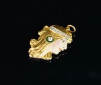 Art Nouveau diamond and enamel lady pendant, mounted in unmarked yellow metal, gross weight