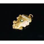 Art Nouveau diamond and enamel lady pendant, mounted in unmarked yellow metal, gross weight