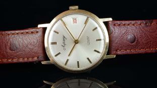 GENTLEMEN'S ASPREY 9K GOLD, DATE DRESS WATCH, VINTAGE MANUALLY WOUND WRISTWATCH, circular white dial