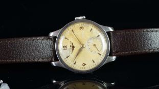 GENTLEMEN'S LONGINES CALATRAVA VINTAGE WRISTWATCH, circular patina dial with gold hour markers and a