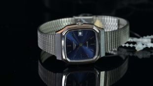 LADIES' LONGINES BLUE DIAL QUARTZ WRISTWATCH, square blue dial with polished sword hands, central