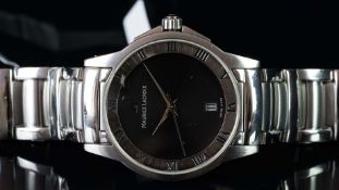 GENTLEMEN'S MAURICE LACROIX DATE WRISTWATCH, circular black dial with silver dauphine hands and a