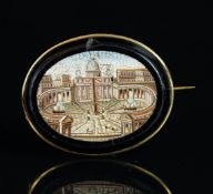 Micro mosaic brooch depicting the Vatican, mounted in unmarked yellow metal, with pin and 'C' catch,