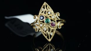 Sapphire, emerald, ruby and diamond navette shaped ring, mounted in hallmarked 9ct yellow gold,