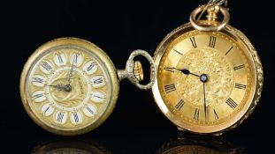 TWO YELLOW METAL FOB WATCHES, one stamped 18K, unbranded.