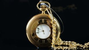 NEW OLD STOCK - GOLD PLATED WOODFORD POCKET WATCH WITH CHAIN, REF GW733, round white dial, black