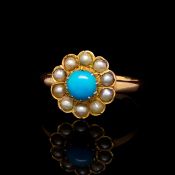 Antique turquoise and pearl flower cluster ring, mounted in unmarked rose coloured metal tested as