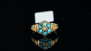 Victorian 15ct gold turquoise and pearl flower cluster ring, mounted in hallmarked 15ct gold,