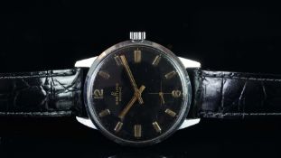 GENTLEMEN'S BREITLING DRESS WATCH, circular black dial with gold hour markers and hands, a sub