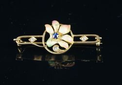 Antique sapphire, diamond and enamel set flower bar brooch, mounted in yellow metal stamped 15ct,