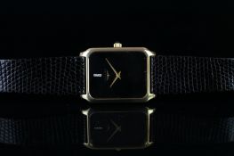 VINTAGE 9ct LONGINES, rectangular cushion black dial, diamond set single 12 hour marker, 27mm gold