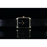VINTAGE 9ct LONGINES, rectangular cushion black dial, diamond set single 12 hour marker, 27mm gold