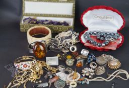 Mixed lot of vintage silver and costume jewellery including boxed simulated pearls, bangles,