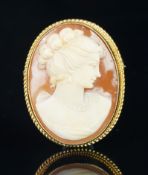 Cameo brooch, oval shell cameo depicting the image of a lady, in a yellow metal frame, stamped