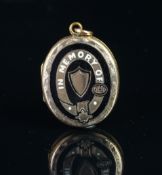 Antique 'In Memory Of' mourning locket, in unmarked rose/yellow metal, black enamel buckle design to
