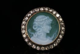 Antique jasper cameo ring, 18.8mm with a border of rose diamonds, head measures 24.3mm, set in