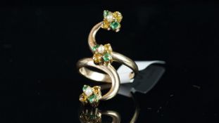 Fancy triple cluster ring, mounted in hallmarked 9ct yellow gold, each cluster set with one pearl,