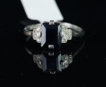 Sapphire and diamond ring, mounted in white metal stamped 'PLAT', central rectangular cut