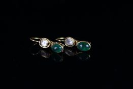 Pair of cabochon emerald and flat cut diamond drop hook earrings, mounted in unmarked yellow