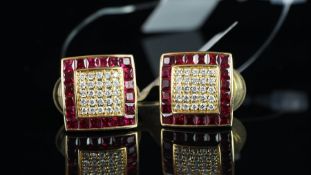 NEW OLD STOCK, UNWORN RETIRED STOCK - Ruby and diamond panel earrings, centre square of bombe set