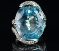 Blue topaz and diamond large cluster ring, mounted in white metal with French import marks for