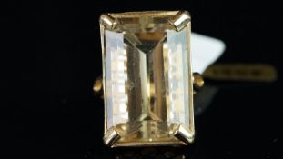 Single stone citrine ring, mounted in hallmarked 9ct yellow gold, dated London 2016, emerald cut