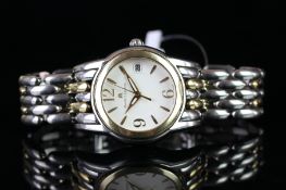 MAURICE LACROIX BI-COLOUR WRISTWATCH, circular white dial, gold hour markers, polished gold bezel,