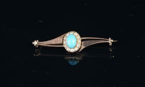 Turquoise and pearl cluster bar brooch, mounted in rose coloured metal stamped 333, with pin and 'C'