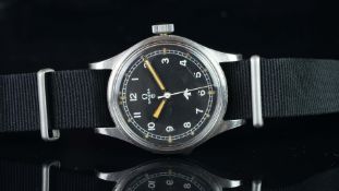 RARE VINTAGE OMEGA MILITARY 'BROAD ARROW' WRISTWATCH, circular black dial, Arabic numerals, outer