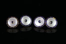 Pair of cabochon sapphire, mother of pearl and enamel chain cufflinks, mounted in unmarked yellow