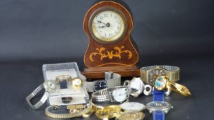 A mixed collection of watches and objects including gents and ladies watches, pocket watch verge