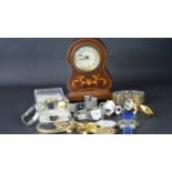 A mixed collection of watches and objects including gents and ladies watches, pocket watch verge