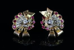 Pair of ruby and diamond bow design clip earrings for non-pierced ears, mounted in yellow and