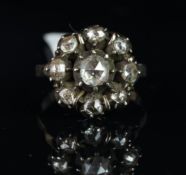 Antique rose cut diamond flower design cluster ring, mounted in white metal with French import marks