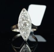 Diamond set marquise shaped cluster ring, mounted in white metal with French import marks, set