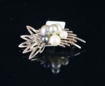 Pearl spray brooch, mounted in white metal stamped 585, with pin and roller catch, approximate