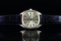 18CT VINTAGE OMEGA AUTOMATIC GENEVE DAY DATE, circular gold dial, baton hour markers, minute