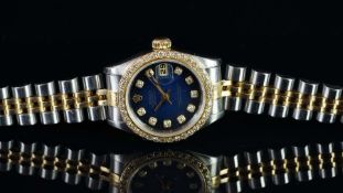 LADIES' ROLEX OYSTER PERPETUAL DATEJUST, AFTERMARKET BLUE DIAMOND DIAL, DIAMOND BEZEL, BI-METAL