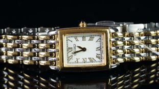 NEW OLD STOCK - LADIES' BICOLOUR SEIKO QUARTZ WRIST WATCH, REF LW595, 17mm case, rectangular white