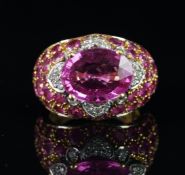 Pink sapphire and diamond fancy bombé ring, mounted in yellow metal with French import marks for