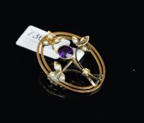 Antique amethyst and split pearl floral brooch, mounted in unmarked yellow metal tested as 9ct gold,