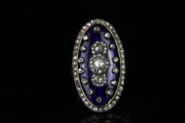 Victorian diamond and enamel panel ring, oval panel set with a trefoil of rose cut diamond