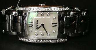 LADIES' EBEL BRASILIA QUARTZ DIAMOND SET WRISTWATCH, ref A155857, 27mm rectangular stainless steel