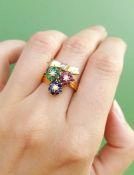 Vintage sapphire, emerald, ruby and diamond multi cluster cocktail ring, mounted in yellow metal