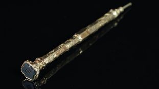 Gold cased propelling pencil, decorative engraving, inscribed 'John Hickson', monogrammed bloodstone